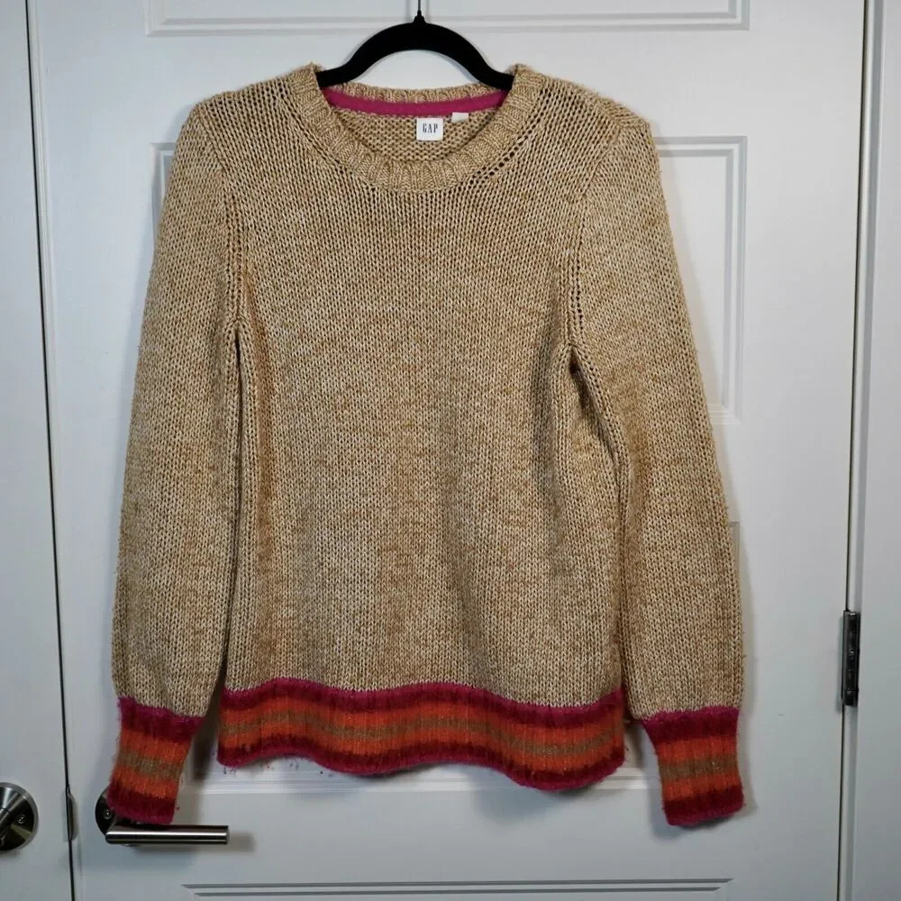 Gap Womens chunky pullover sweater alpaca wool blend size Small Tan Pink orange‎